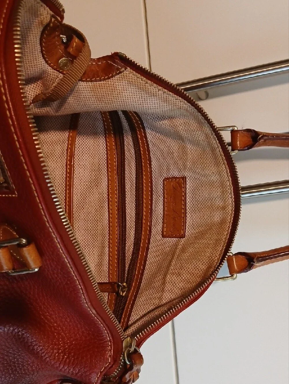 Dooney & Bourke Burgundy Pebbled Leather Satchel with Tan Accents